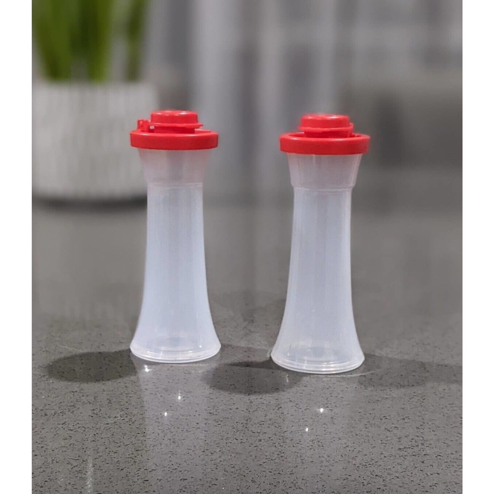 Tupperware Small Hourglass Set Salt and Pepper Shakers In Red NEW